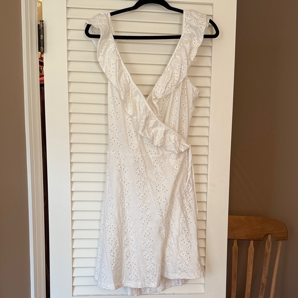 ASOS White Eyelet Wrap Dress – Size 12 – Ruffle Sleeves, Open Back Tie